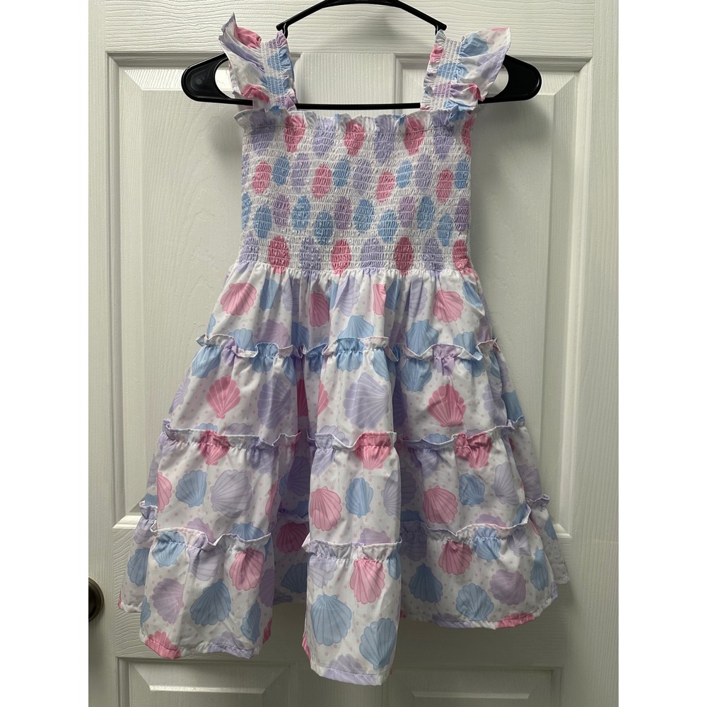 Cecil and Lou Girls Seashell Smocked Tiered Dress Pastel Pink Blue Size 8